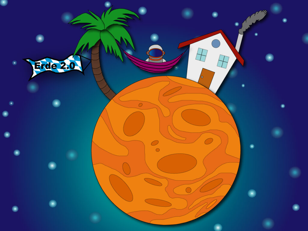 Gezeigt wird eine Karikatur von der Besiedlung des Planeten Mars. Ein Astronaut sitzt in einer Hängematte vor seinem neuen Zuhause.