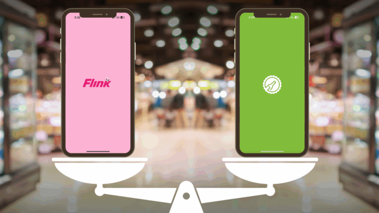 Zwei Smartphones mit dem Hintergrund der Lieferdienste Flink und Flaschenpost