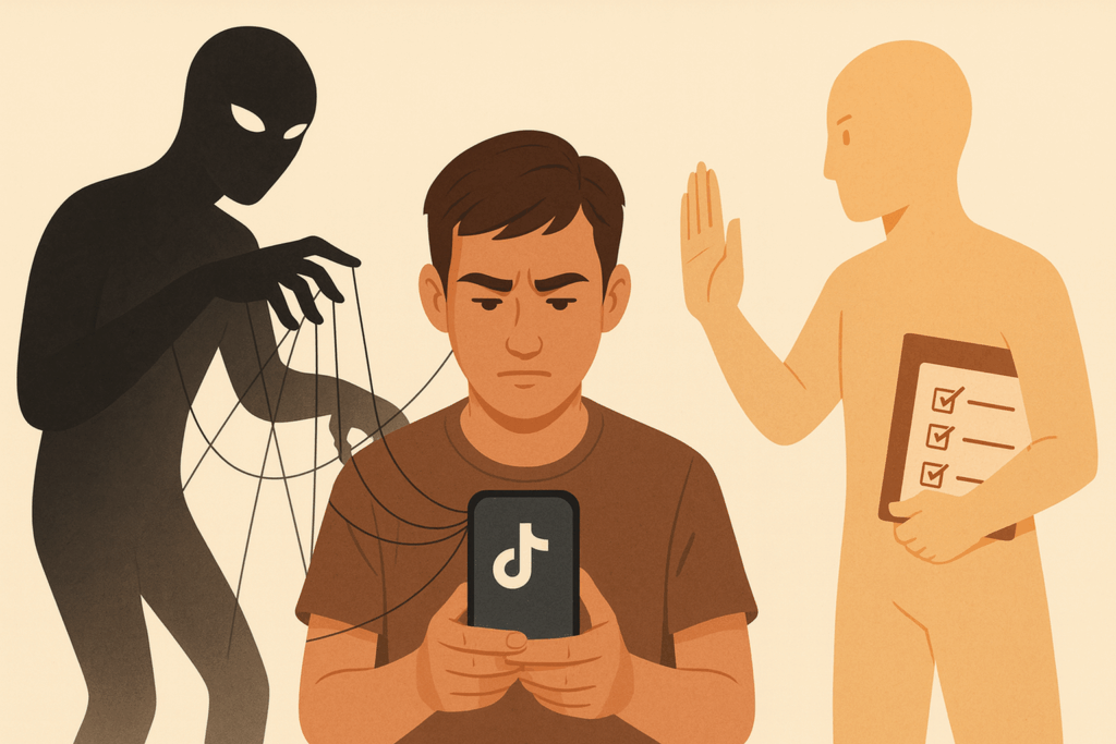 Illustration eines jungen Erwachsenen, der auf sein Smartphone schaut, während eine dunkle Schattenfigur mit Fäden versucht, das Gerät zu manipulieren. Rechts steht eine helle Mentorenfigur mit einer Checkliste und hebt die Hand schützend, um Manipulation zu stoppen. Das Bild symbolisiert den Kontrast zwischen manipulativen Kurzvideos und unterstützender Medienkompetenz.