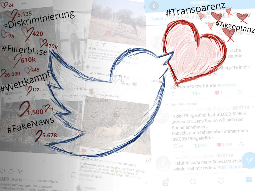Twitter Vogel fliegt mit Like-Herz über Social-Media-Beiträge