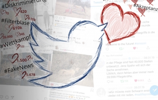 Twitter Vogel fliegt mit Like-Herz über Social-Media-Beiträge