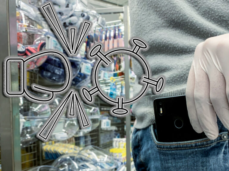 Person mit Einweghandschuhen greift im Supermarkt nach Smartphone. Daneben eine Illustration, bei der Virus durch Boxhandschuh bekämpft wird.