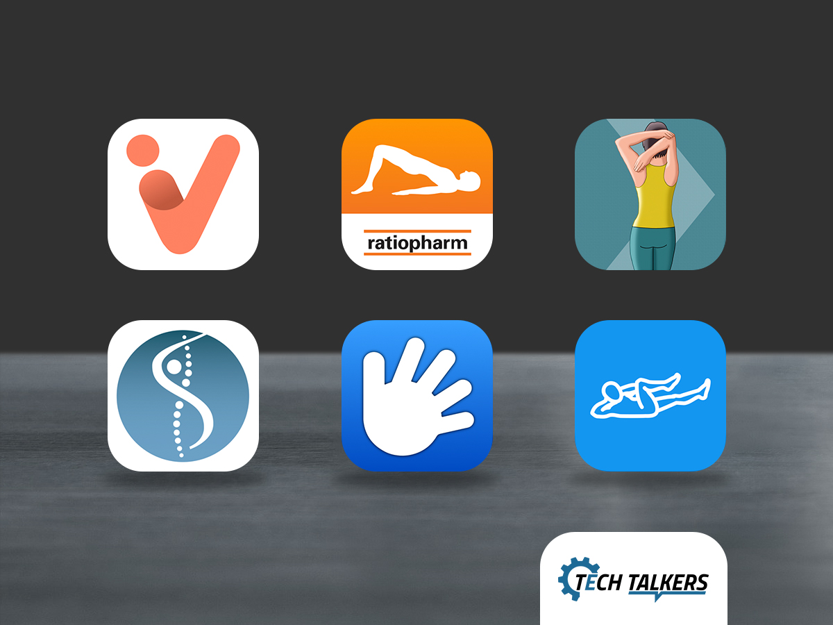 Die Icons der getesteten Apps gegen Rückenschmerzen schweben über einem grauem Tisch.