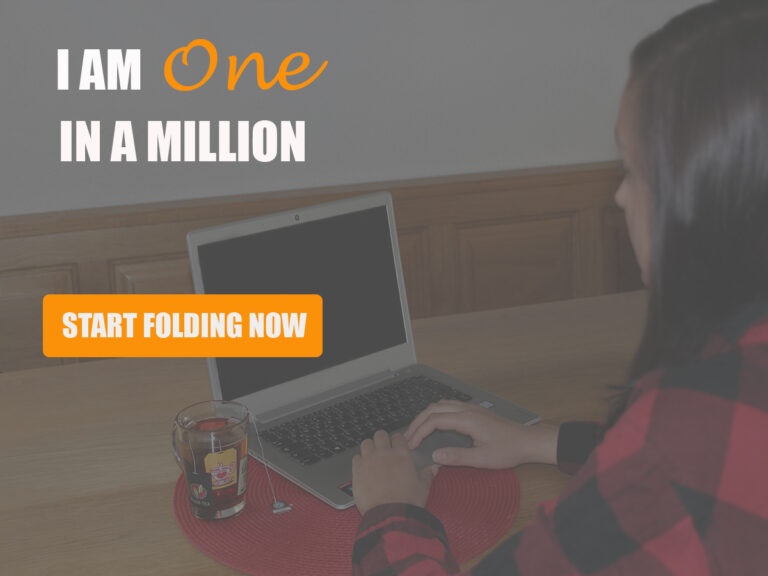 Slogan “I AM ONE IN MILLION” von Folding@Home. Button fordert auf “START FOLDING NOW”. Im Hintergrund sitzt eine junge Frau vor einem Laptop.