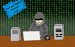 Gezeigt wird ein Hacker in einem dunklen Hoodie, der vor einem PC sitzt.