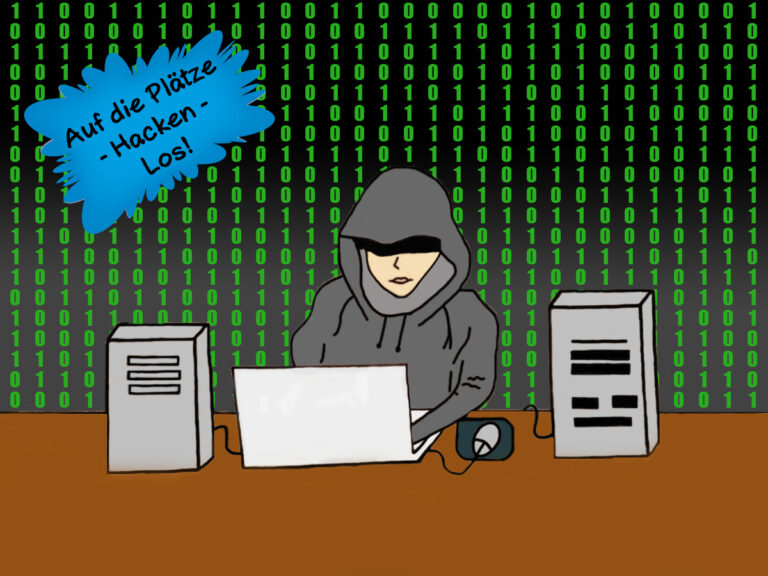 Gezeigt wird ein Hacker in einem dunklen Hoodie, der vor einem PC sitzt.