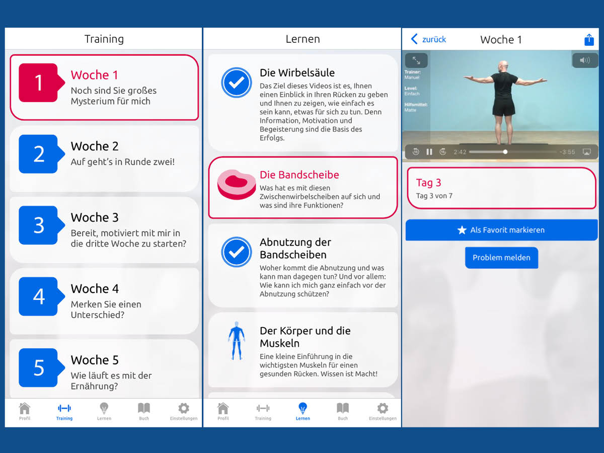 Screenshots App "Giveme5!" gegen Rückenschmerzen
