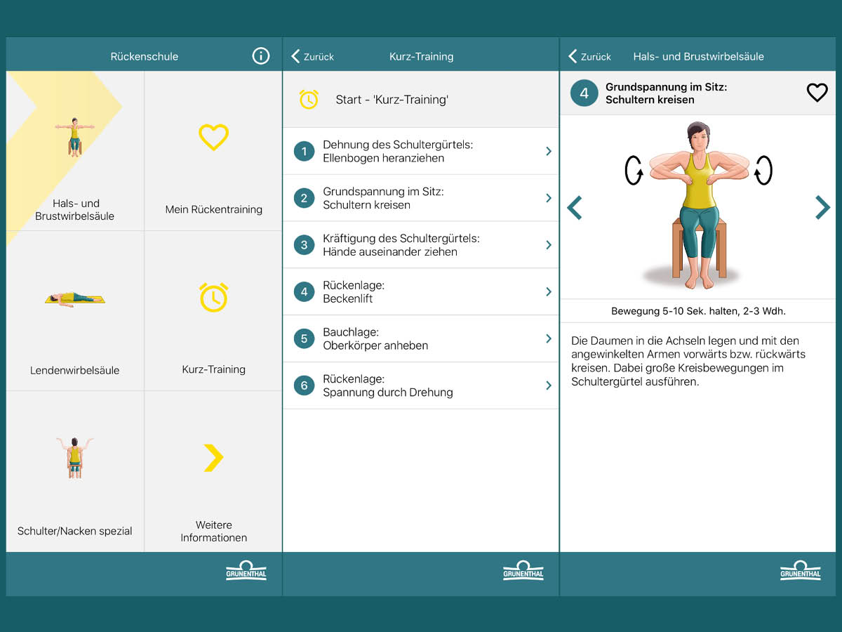 Screenshots der App "Rückenschule" gegen Rückenschmerzen