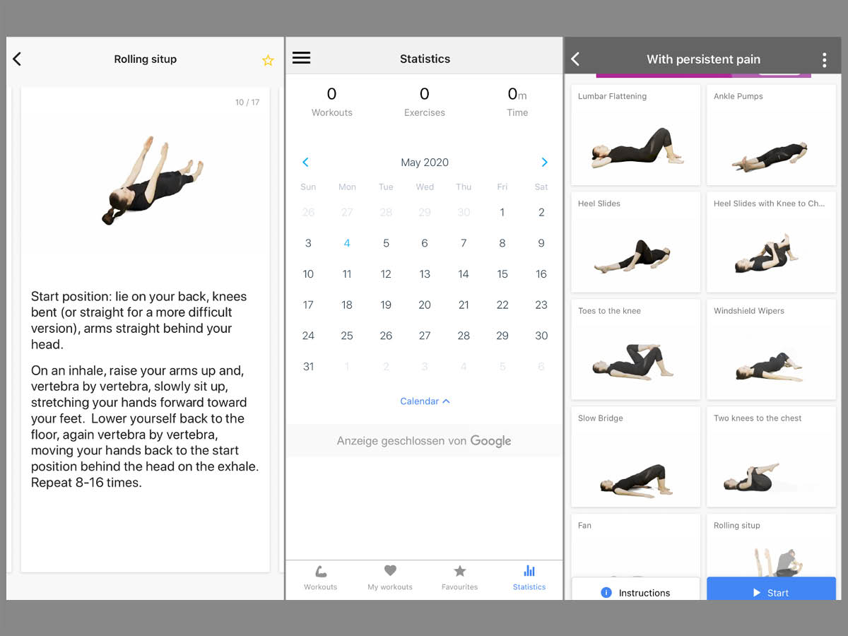 Screenshots der App "Back exercise" gegen Rückenschmerzen