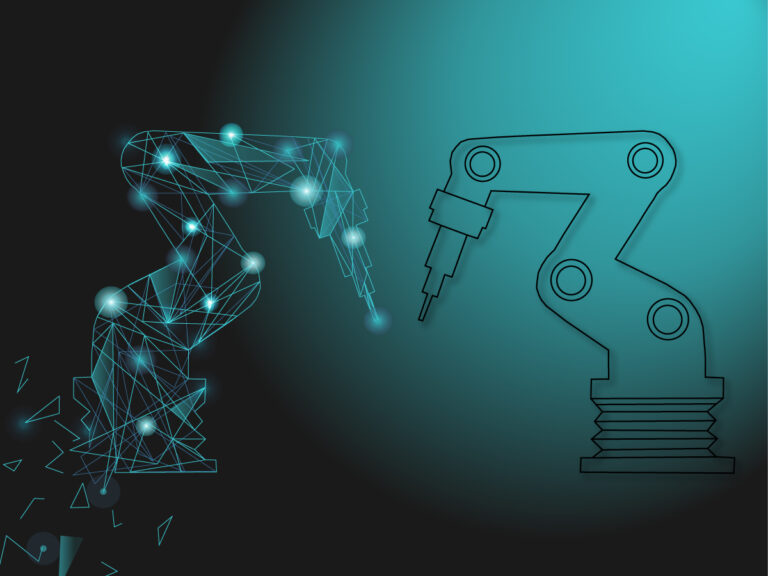 Gezeigt werden ein analoger Roboterarm sowie sein digitaler Zwilling.