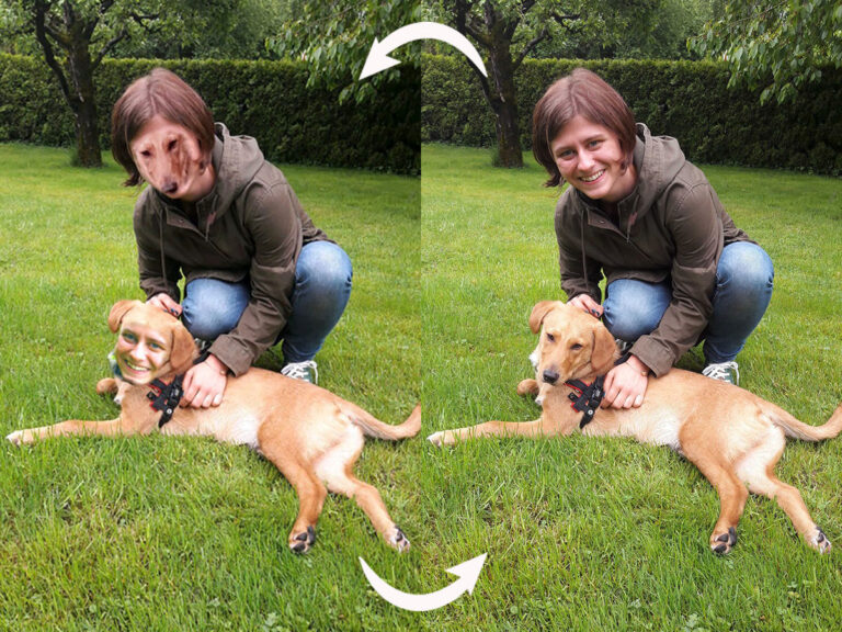 Gezeigt wird ein Beispiel von Deepfakes in Form einer Head-Swapping-App, mit Mensch und Hund.