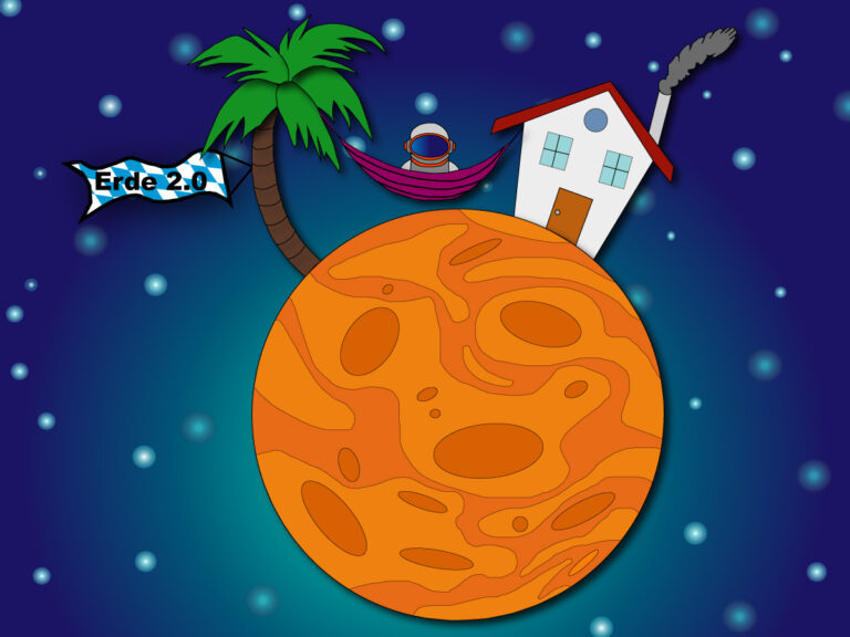Gezeigt wird eine Karikatur von der Besiedlung des Planeten Mars. Ein Astronaut sitzt in einer Hängematte vor seinem neuen Zuhause.