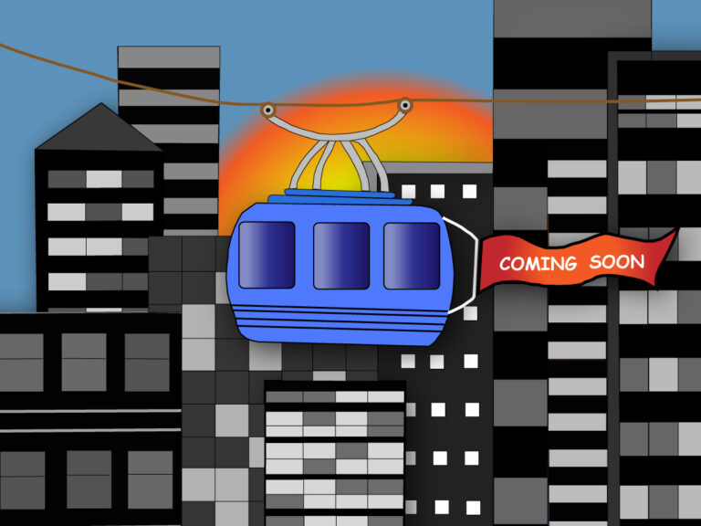 Gezeigt wird die Illustration einer Seilbahn, die sich von einer tristen Skyline abhebt.