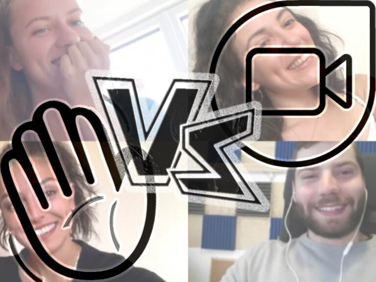 Die Icons der beiden Videotelefonie-Apps „Houseparty“ und „Duo“ vor einem Videotelefonat. Zwischen ihnen ein großes „VS“