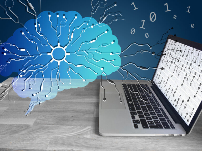 Neuronen verbinden das menschliche Gehirn mit einem Laptop und werden in Binärsprache übersetzt.