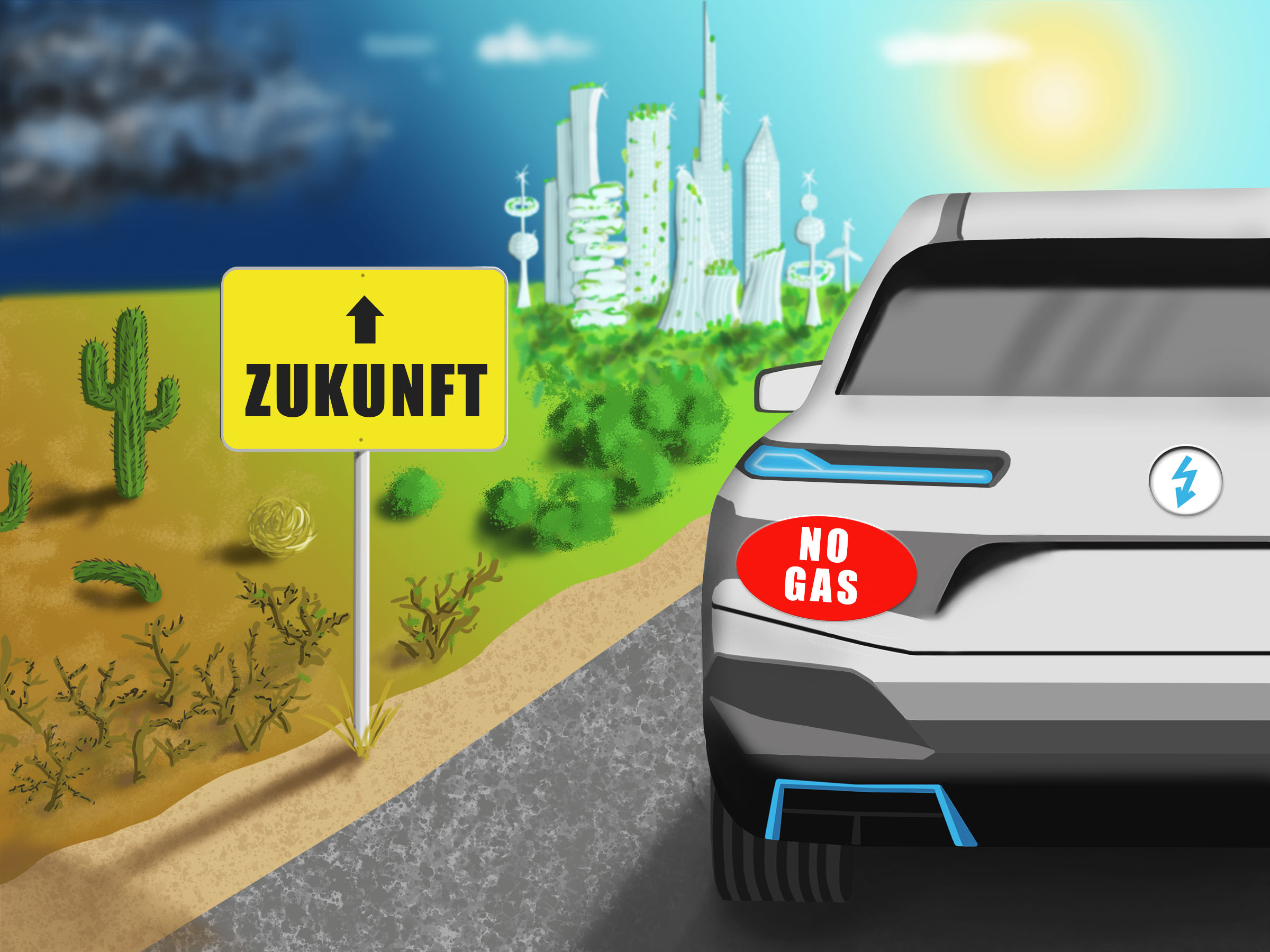 Illustration eines Elektroautos, das auf einer Straße in Richtung einer futuristischen Stadt fährt. Auf einem Ortsschild steht Zukunft.