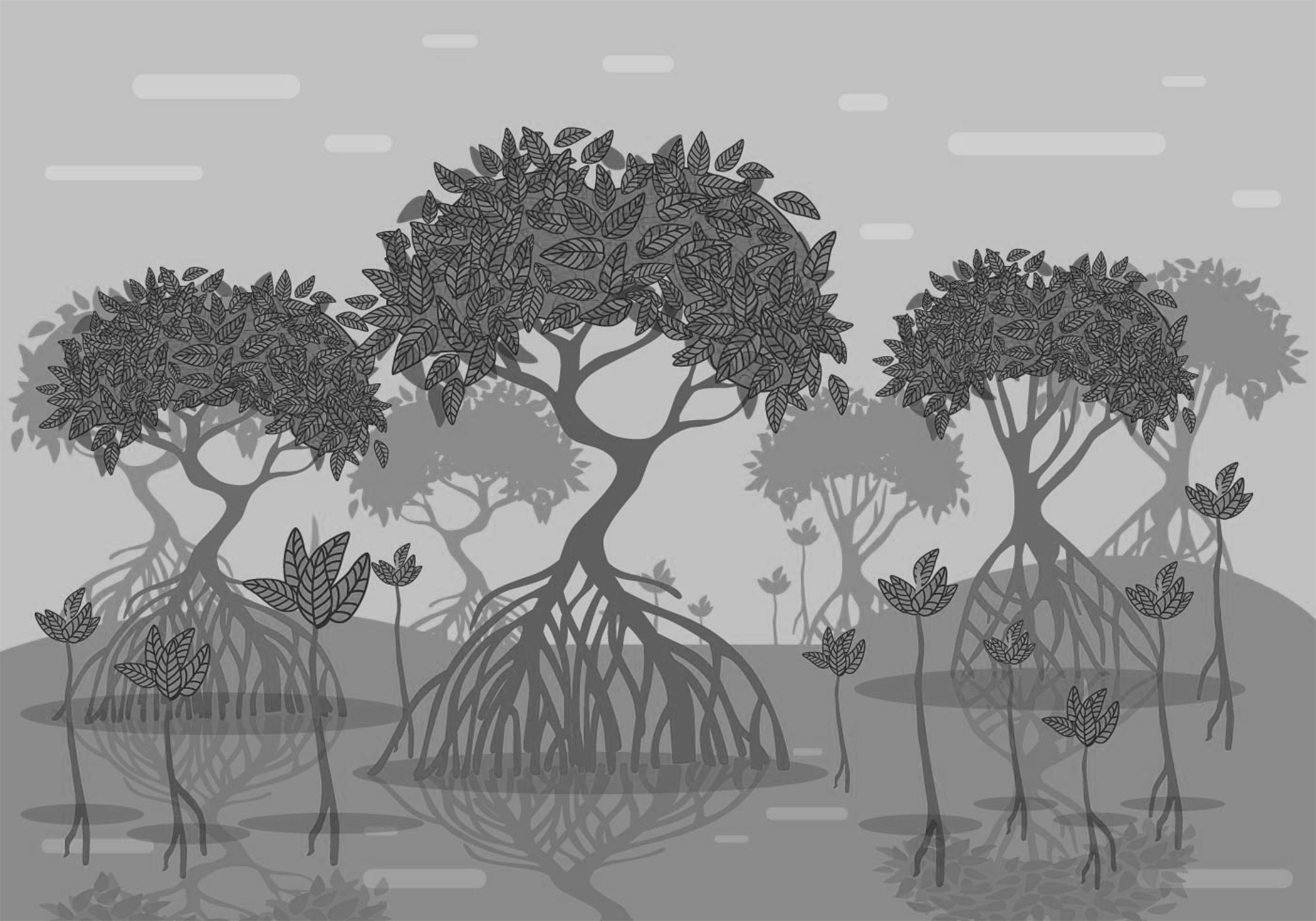 Black and white illustration of a mangrove forest appearing in coastal wetlands