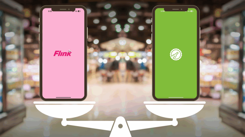Zwei Smartphones mit dem Hintergrund der Lieferdienste Flink und Flaschenpost